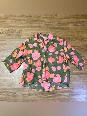 Magaschoni Green Pink Floral Linen Button Up Short Sleeve Blouse Small Relaxed